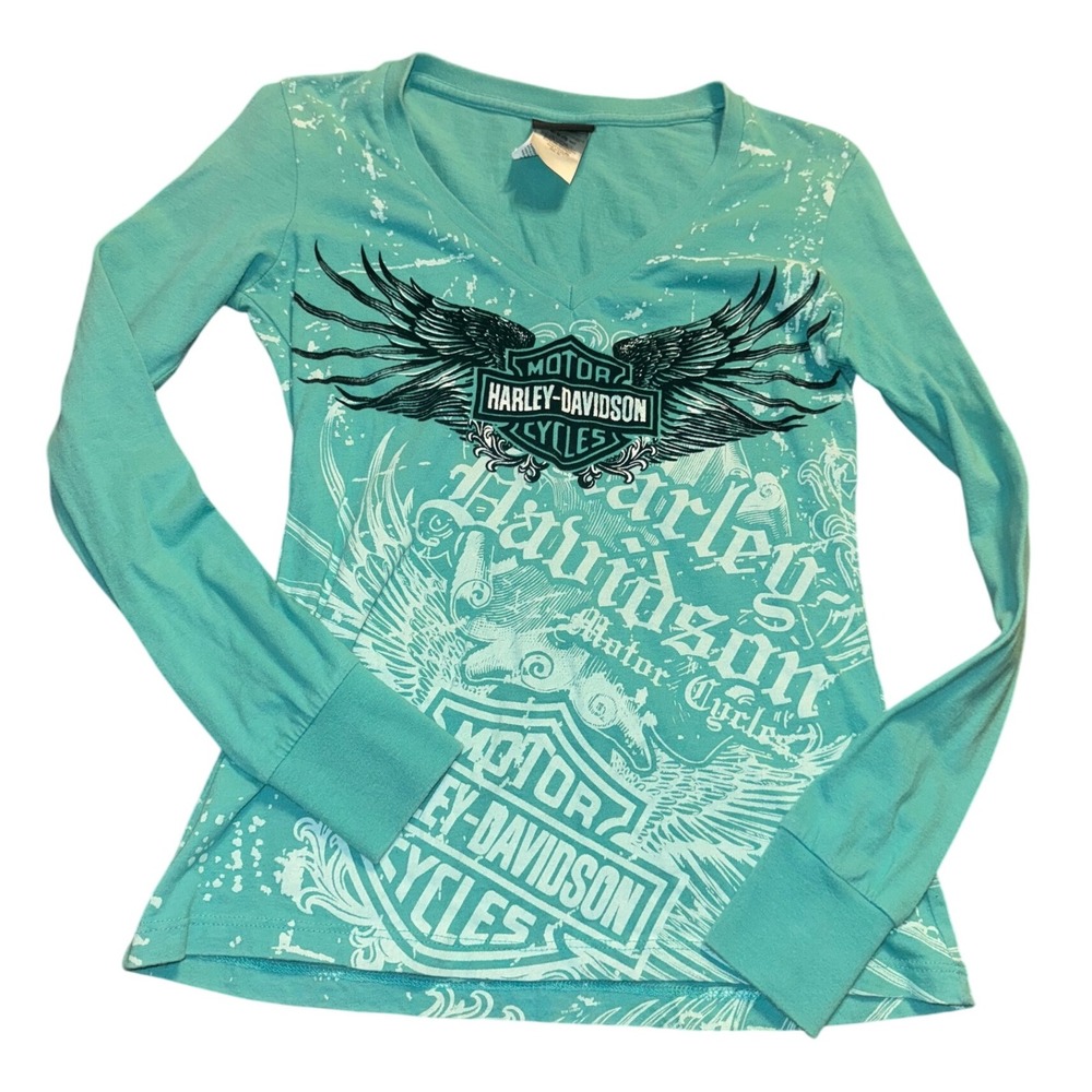 Harley Davidson Womens Long Sleeve V Neck‎ Graphic T Shirt New River Gorge XS